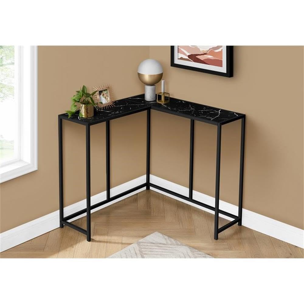 Monarch Specialties 2158 Accent Table, Console, Entryway, Narrow, Corner, Living Room, Bedroom, Laminate, Contemporary, Modern Table-36, 36" L x 36" W x 32" H, Black Marble-Look/Black Metal